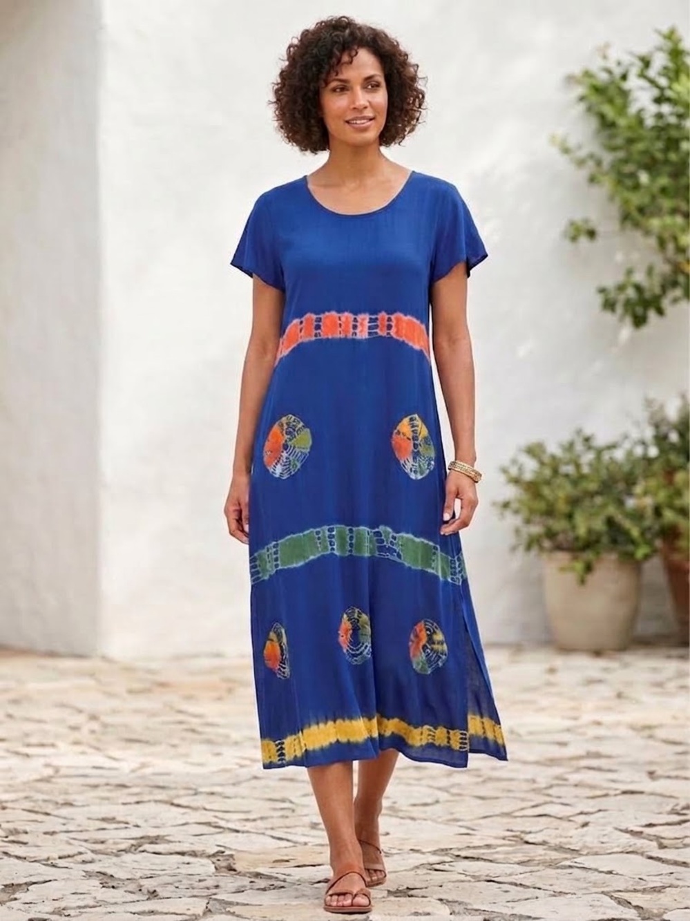 Blue Tie-Dye Midi Dress with Short Sleeves
